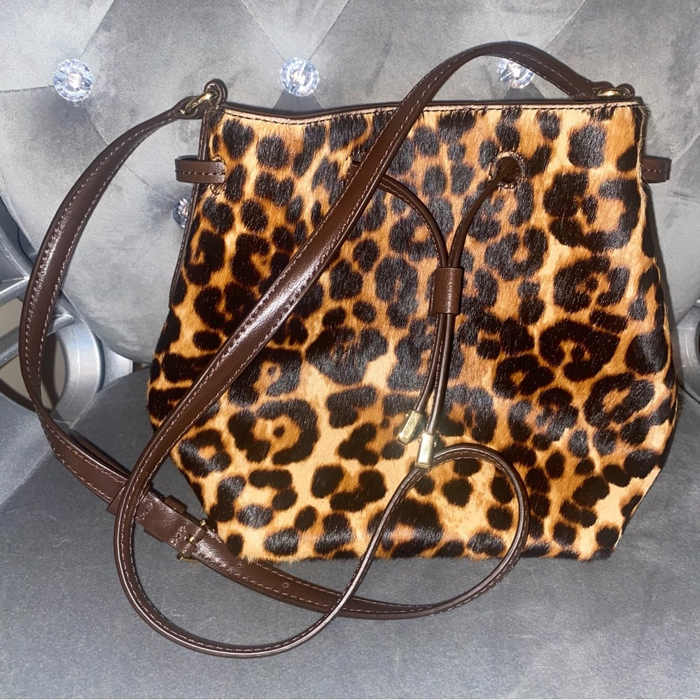 RALPH LAUREN Debbie Drawstring Authentic Calf Hair Cow Leather Leopard Bag Purse